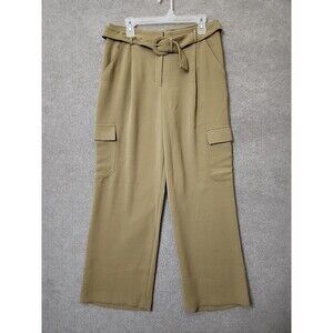 Express Trouser Cargo Pant Womens 10 Olive Green Crepe Wide Leg Belted Draping